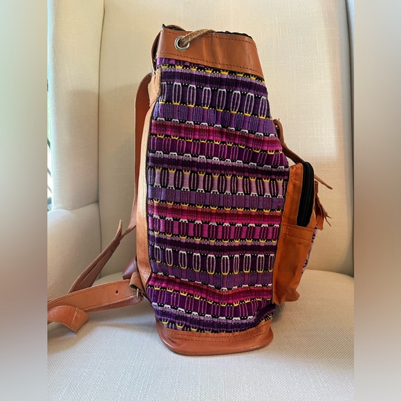 VTG Leather Mexican Blanket Backpack Boho Hippy Chic Purse Bag Tote Tapestry - Picture 4 of 8